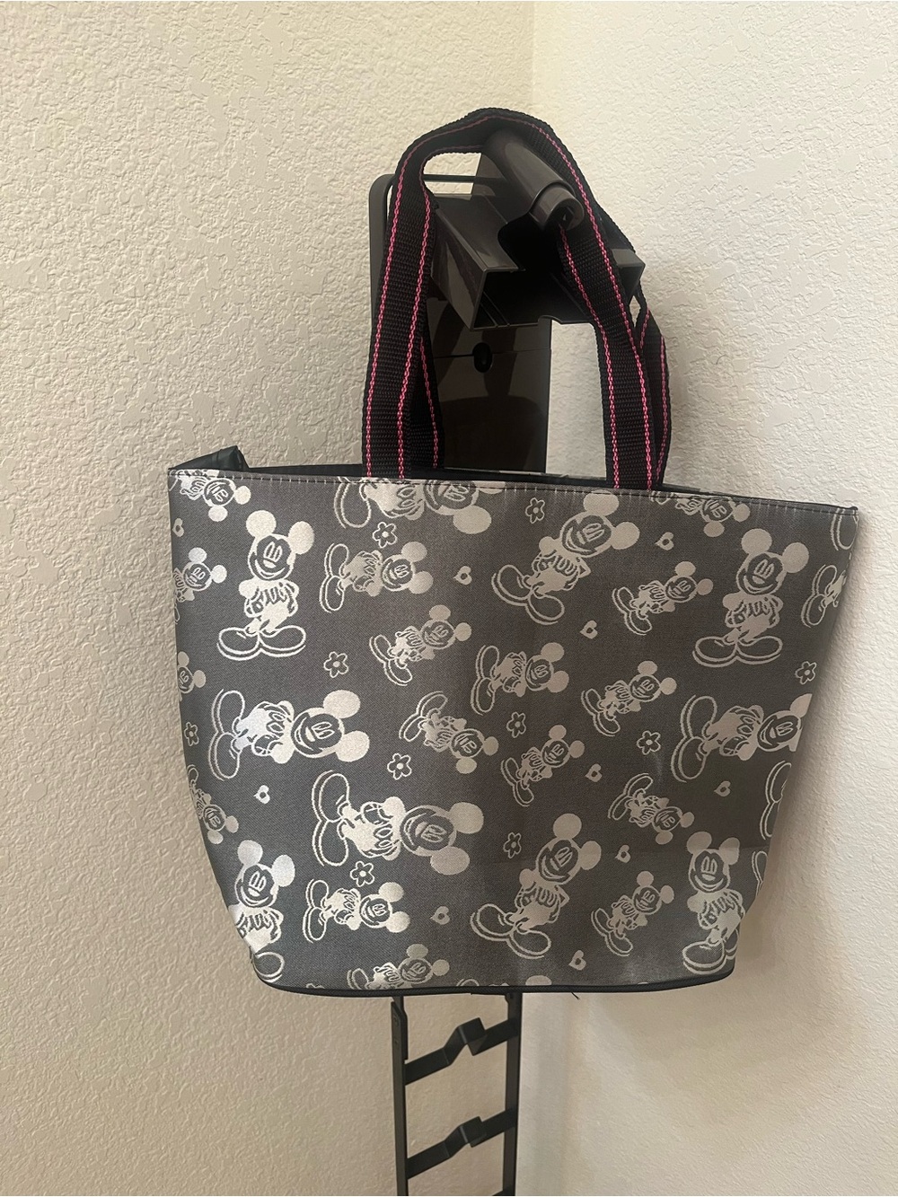 Disney Mickey Mouse Pattern Gray Tote Bag with Pink-Trim Handles